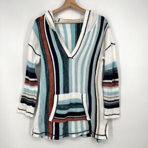 Soft Surroundings Bimini Knit Hoodie Sweater Medium Blue Striped Cotton Pullover